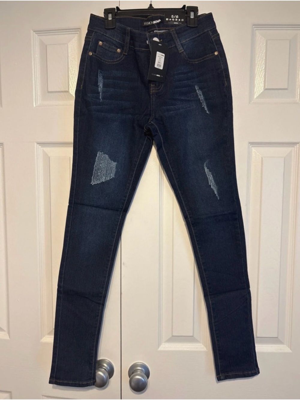 Fashion Nova Dark Indigo Distressed Skinny Jeans